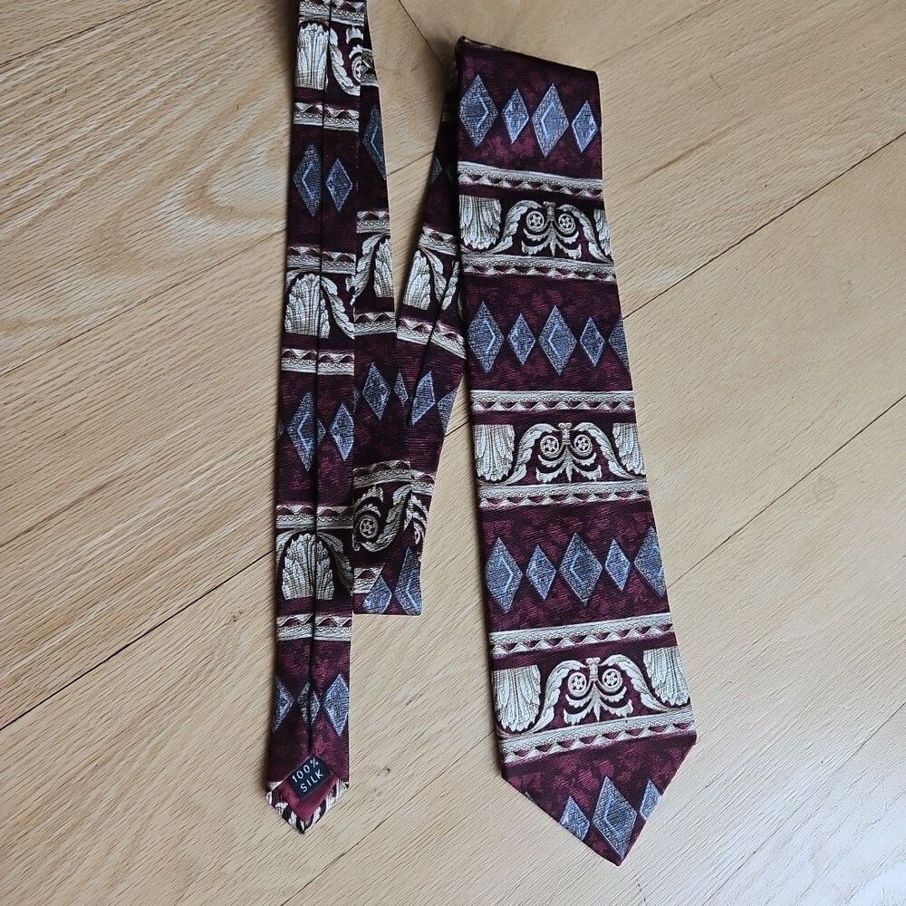 Fratelli 100% Silk Handmade In Italy Grecian Look Maroon Gray Black Men’s Tie - Picture 5 of 7